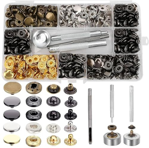 VEGCOO 324 Stück Set Druckknopf und Befestigungswerkzeug, 15 mm 5 Farben Druckknöpfe aus Messing, Metall Druckknöpfe mit Fixierwerkzeug Kit für Ledermäntel, Jacken, Jeans und DIY-Kleidung