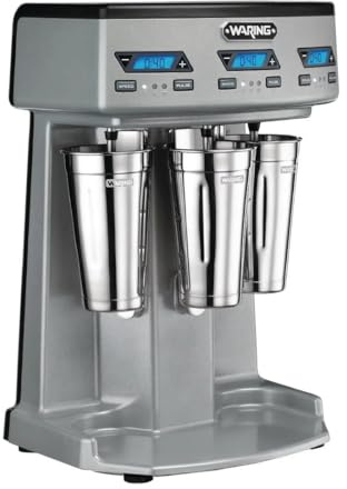 Waring Heavy-Duty Triple-Spindle Drink Mixer with Timer | Cup-activated start-stop controls and 10-minute timers let busy commercial kitchens multitask while preparing milkshakes.