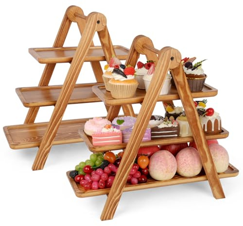 Polegas 2 Pcs Cake Stand, 3 Tier Pine Serving Tray for Serving Food, Wooden Afternoon Tea Stands, Tiered Cake Stands for Graduation, Wedding, Birthday Party, Picnic