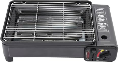 Fridgestea 2-in-1 Gasgrill Gaskocher, Tragbarer Camping Gasgrill | Tischgasgrill mit Grillnetz, Backblech, Ölwanne & Koffer, für Butan-Kanister & LPG-Tank, 0,25-0,3MPa