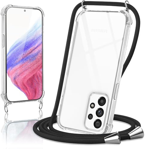 Micnkifo Coque pour Samsung Galaxy A53 avec Cordon, Housse Transparent Silicone Anti-Jaunissement Collier Réglable Case, Téléphone Étui Antichoc Portable Lanière Cover pour Samsung A53 - Noir