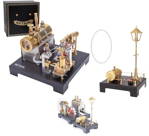 RCXTechPro RETROL SE-01 Dampfmaschinen Metall Modellbausatz, 84 Teile Stationäre Dampfmaschine Engine Motor mit Horizontalem Kessel, Fliehkraftregler & Funktionalem Lampenbausatz