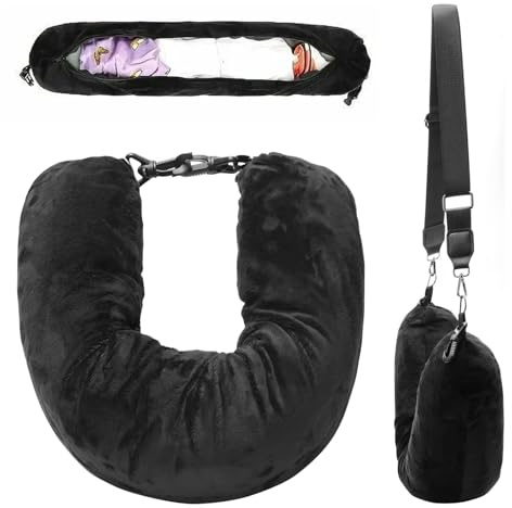 MQWDGJ Stuffable Neck Pillow for Travel, Neck Pillow Storage Bag with Adjustable Straps, Travel Neck Pillows with Clothes for Extra Luggage Travels Essentials(Black)