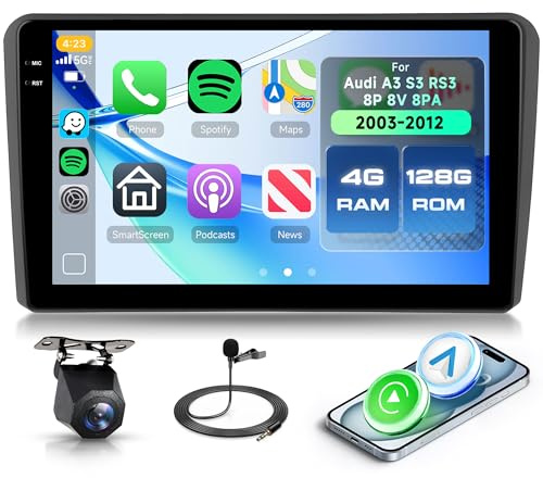 4G+128G Android Radio Coche para Audi A3 S3 RS3 8P 8VS 8PA 2003-2012 9'' Pantalla IN-Cell con Carplay Android Auto Inalámbrico Navegación GPS Mirror Link Bluetooth WiFi FM/RDS/EQ SWC Cámara Trasera