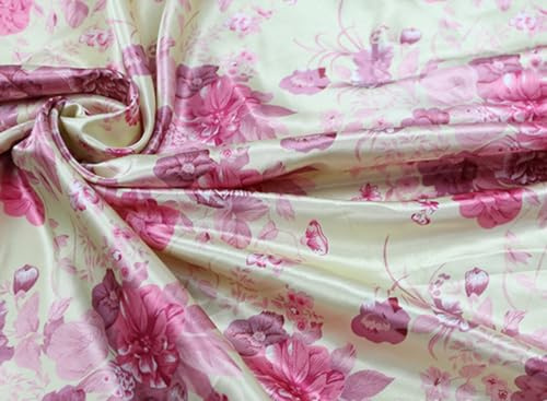 Vayliro 500cm x 150cm Satinstoff Bedruckter Seidensatin Stoff Seidenstoff Meterware Dekostoff Stoff mit Blumenmuster Bekleidungsstoffe für DIY Basteln Nähen Handwerk Heimdekoration,Beige Rosa