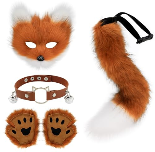 IIRC Fuchs Kostüm Set – Maske, Schwanz, Kragen & Handschuhe | Kuscheliger Plüsch, Weich & hautfreundlich. 50 cm langer, formbarer Schwanz. Für Halloween, Karnevalspartys