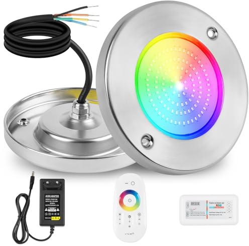 COOLWEST Foco LED Piscina Relleno de Resin, 18W RGB Lámpara Piscina Acero inoxidable para Superficie Extraplano, Luz Piscina LED Multicolor con Remoto y Controlador, IP68 Impermeable, 24V DC