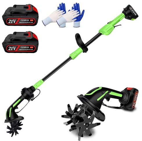 Rotavator Eléctrico Inalámbrico para Jardín, Cultivador Inalámbrico de Mano de 21V con Mango de 1,3 Metros de Largo, Minicultivador Inalámbrico con 10Cm de Ancho y Profundidad de Labran Two Batteries