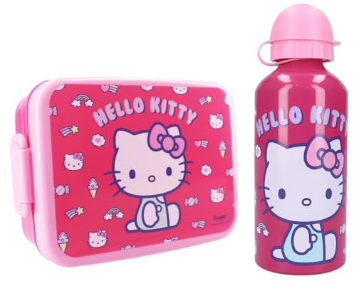 E plus M Hello Kitty Kinder Lunch Set 2-TLG. mit Brotdose XL und Alu Trinkflasche 500 ml, rosa Frühstücksset für Schule, Kindergarten und Ausflug