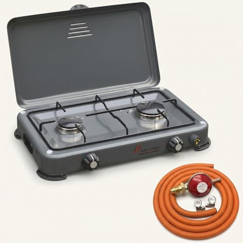 INTERGAS Dual Burner Gas Camping Stove – Portable Outdoor Cooker with Piezo Ignition, Cast Iron Burners & Enamel Lid – 37mbar Regulator, LPG Propane Butane Compatible for Camping, Caravan, BBQ & Picni