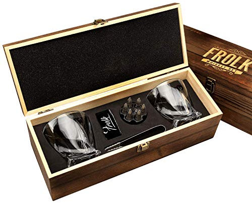 Whiskey Bullet Stones Premium-Geschenk-Set von Frolk, Set mit 6 extragroßen Whisky-Steinen, 2 großen gedrehten Whiskey-Gläsern (313 ml), Gefrierschrankboden, Samtbeutel und Zange in Holzbox