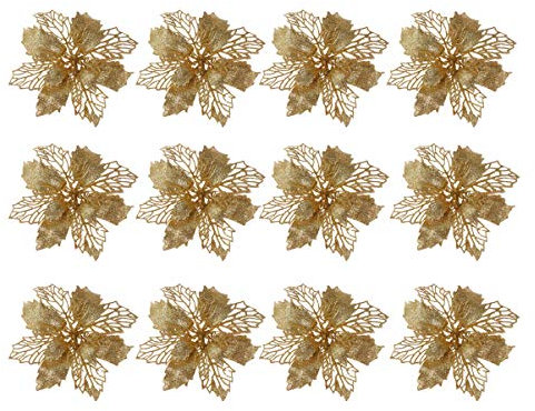 12 stücke Glitter weihnachtsstern künstliche weihnachtsstern künstliche weihnachtsbaumschmuck Ornamente (golden)