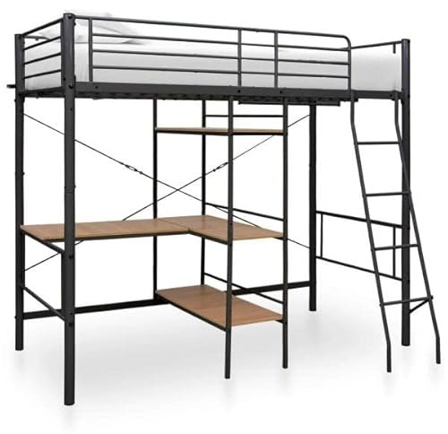 vidaXL Etagenbett mit Tischrahmen Metallbett Hochbett Bett Kinderbett Jugendbett Bettgestell Schlafzimmerbett Schwarz Metall 90x200cm