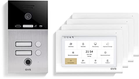 GVS - IP Video Türsprechanlage 2-Familienhaus mit Türöffner (RFID & Fingerprint), HD Kamera, 4X 7 Zoll Monitor & App - Smarte Video Türklingel mit Kamera & Gegensprechanlage (AVS4477U)
