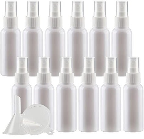 TIANZD 12 Pieces Empty 50 ml White PET Plastic Fine Mist Pump Spray Bottles with White Top Portable Sprayer for Perfume Water Cosmetic Travel Containers Refillable, 2x Funnel