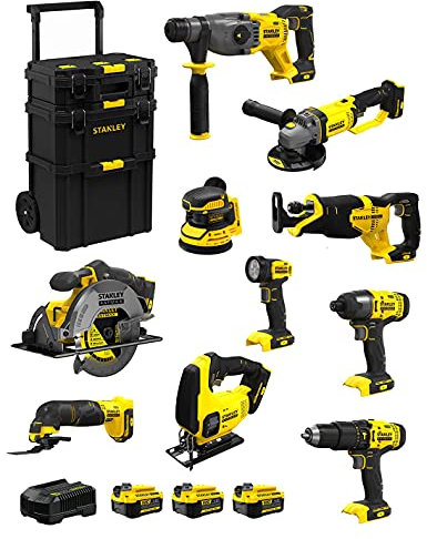 STANLEY FatMax Kit SVK1001 (SFMCH900 + SFMCG400 + SFMCD711 + SFMCF800 + SFMCS500 + SFMCS600 + SFMCW220 + SFMCS300 + SFMCE500 + SFMCL020 + 3 Batterie 4,0 Ah + Caricabatteria + Caddy 3in1)