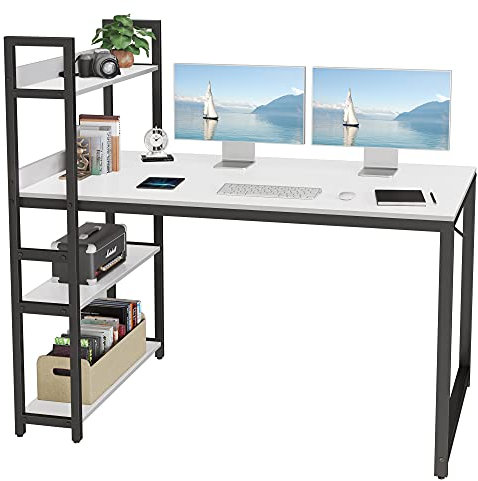 CubiCubi Computer Desk with 3 Tier Storage Shelves on Left or Right, 140x60x120 cm Study Writing Table with Bookshelf for Home Office, Modern Simple Style, Steel Frame, White