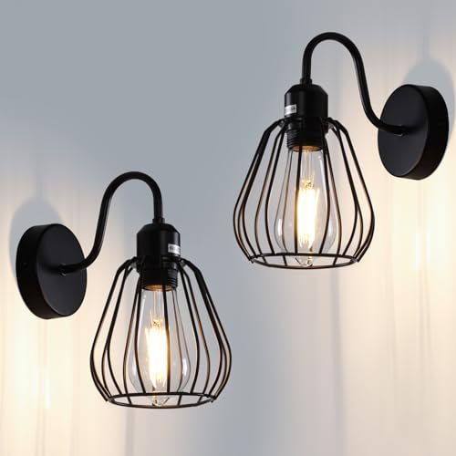 TYhogar 2 Stück Wandlampe Vintage, E27 Lampe aus Eisen Käfig Lampenschirm Industrial Wandlampe 17cm Wandleuchte Innen für Wohnzimmer Treppe Flur Schlafzimmer, Schwarz (Ohne Glühbirne)