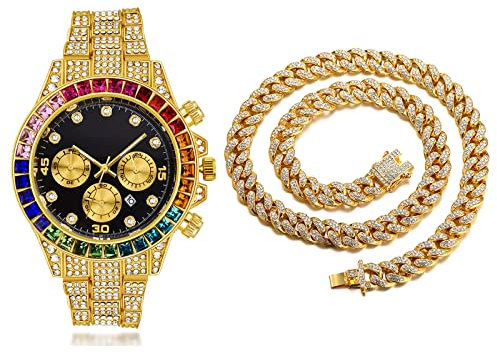 Halukakah Gold Uhr Diamanten Mehrfarbig,Herren 18K Echtes Gold Plattiert 40MM Breite Schwarz Zifferblatt Quarz Armband 21cm mit Kubanischer Kette 45cm Necklace,Kostenlose Geschenkbox