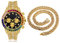 Halukakah Gold Uhr Diamanten Mehrfarbig,Herren 18K Echtes Gold Plattiert 40MM Breite Schwarz Zifferblatt Quarz Armband 21cm mit Kubanischer Kette 45cm Necklace,Kostenlose Geschenkbox