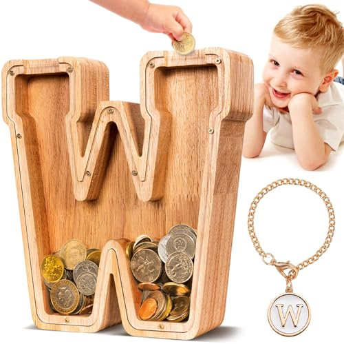 summidate Spardose Kinder Holz, Personalisierte Buchstabe Sparschwein W | Spardose Holzbuchstaben für Mädchen Jungen Initiale, Sparschwein Geschenk zum Geburtstag, Weihnachten und Kinderzimmer Deko