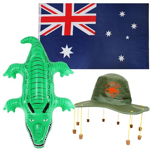 Australien-Tag-Kostüm-Set, große Flagge aus Amerika + australischer Korkhut mit Kangaroo-Aufdruck + aufblasbares Tier-Oz-Kostüm, Aussie-Dundee