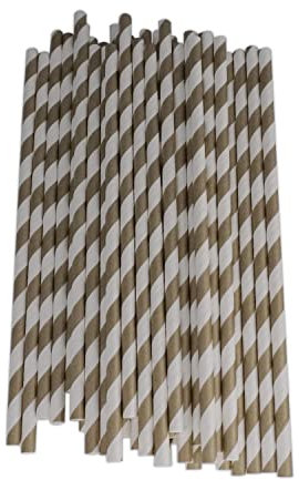 Neel Blue Paper Drinking Straws [100 Pack] Disposable Straws - Gold & White Striped Straws, Party Straws Cocktail Decorations for Birthday Wedding Christmas Party DIY Decoration