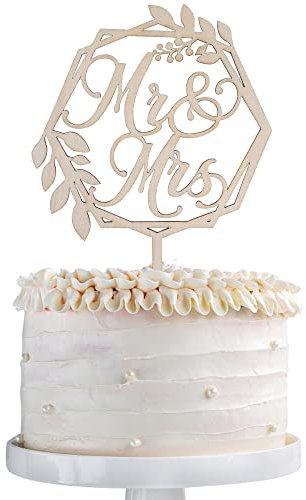 SYKYCTCY 1 Pack Mr&Mrs Cake Toppers Wooden Bridal Shower Cake Picks for Wedding Engagement Bridal Shower Anniversary Party Cake Decorations Supplies