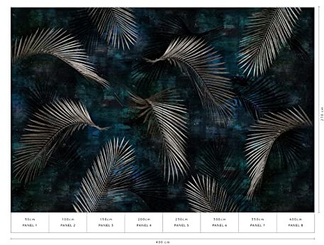 Dunkelblaue Tapete mit Palmenblättern | Tropical Fototapete mit Blättern ideal für Schlafzimmer | Vlies Bildtapete mit Blatt Design in Dunkelblau