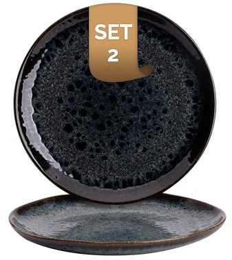 Palmer Eccentric flache Teller - 2er-Set, Steingut, Ø 22 cm, dunkelblau glänzend mit braunem Rand, organische Form, für FrühStück, Brotzeit oder als Kuchenteller, stapelbar, spülmaschinenfest