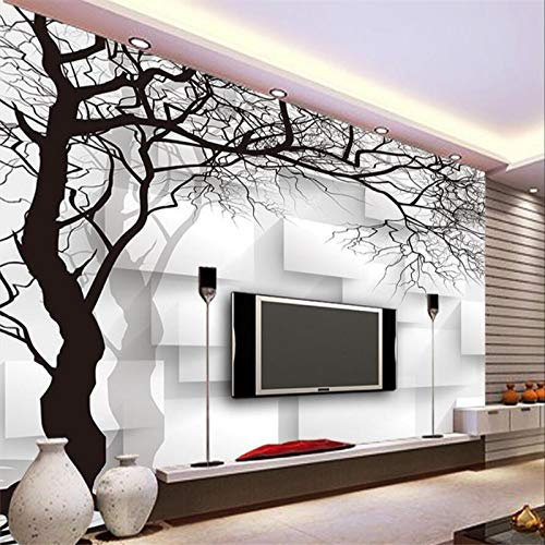 TANYANG Benutzerdefinierte Tapete Wandmalereien Handgemalte Schwarz-Weiß-3D-Abstrakte Baum-Kasten-Tv-Sofa-Hintergrund-Wand 3D-Tapete 300Cm(W)×210Cm(H)