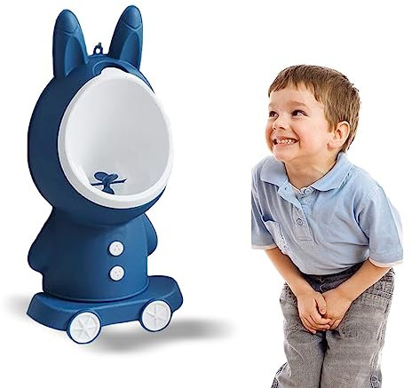 Coo11 2 in 1 Kids Rabbit Urinal Free-Standing & Wall Mount Toilet Training Stand, Height Adjustable Easy Cleaning Design, Funny Whirling Target, 1m Drainage Pipe for 18-36 Months+ Toddlers - Blue