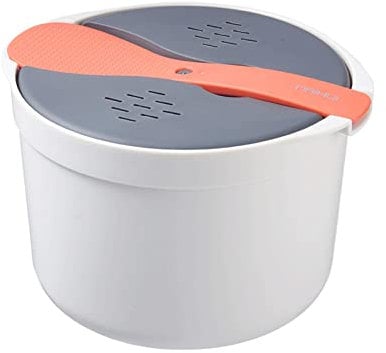 Microwave Rice Cooker, 2L Microwave Steamer Set with Rice Scoop, Lid, Strainer and Steaming Pot, Dishwasher Safe, Food Grade Microwave Rice Cooker Set for Vegetables Meats Home Office Use(Orange)