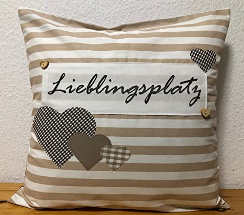 1 Kissenhülle, Kissenbezug,Landhausstil Kissen *Lieblingsplatz* beige/weiß gestreift mit Herzen (50x50)