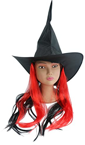 Hooin Halloween Hexenhut mit wunderschöner Perücke, perfekt für magische Kostüme (Rot)