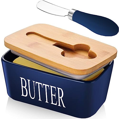 Beurier avec Couvercle et Couteau à Beurre, Beurrier en Verre en Porcelaine, Boite Beurre, Boite à Fromage pour Frigo Anti Odeur, Beurrier Ceramique pour Beurrier 250g (Bleu)