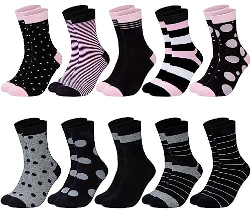 Chalier Cozy 10 Paar Damen Socken Baumwolle mit bunten Streifen, Punkte und Herzen - Bequeme Alltagssocken, ideale Geschenke für Frauen. Einheitsgröße (Gemischte Farbe 1)