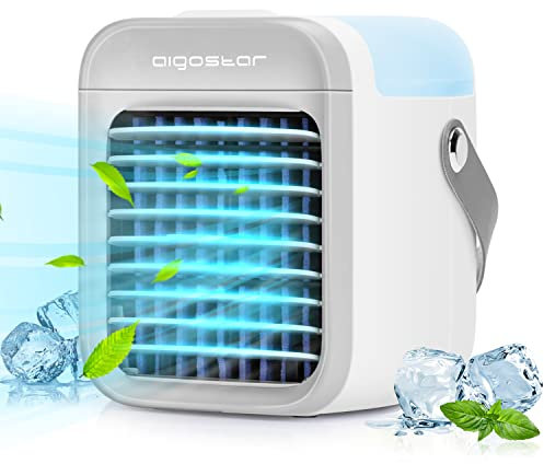 Aigostar Climatiseur Mobile Silencieux 4 en 1,Ventilateur Humidificateur Portable, Sans Fil. Réservoir de 300ml, 3 Vitesses, Lampe LED 7 Couleurs.