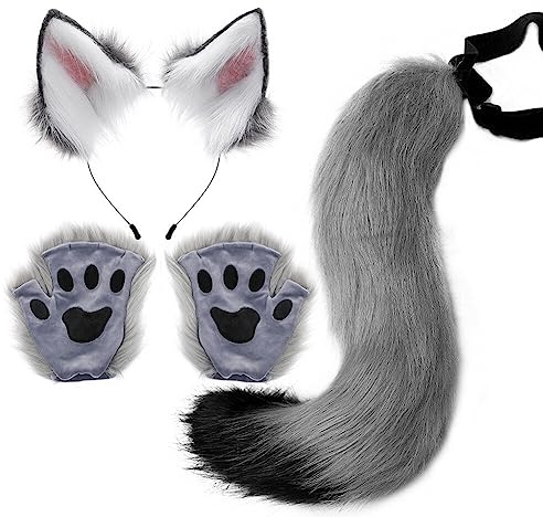 Fuskpäls räv kattöron pannband svans handskar set – söt kattkostym lurviga öron svans och tassar djurdräkt utklädnad halloween jul karneval cosplay scenkostym