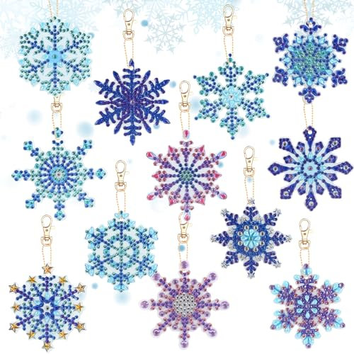 Humtudeit 12 Stück Diamond Painting Weihnachten Anhänger Schneeflocken Anhänger Diamond Painting Schlüsselanhänger Schneeflocken Deko DIY 5D für Thanksgiving Weihnachten