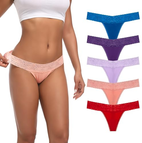 Auithery Tangas para Mujer, Sexy, de Encaje, de algodón, cómodas, Suaves, Tangas de Tanga, Tallas XS-4XL, Paquete de 5