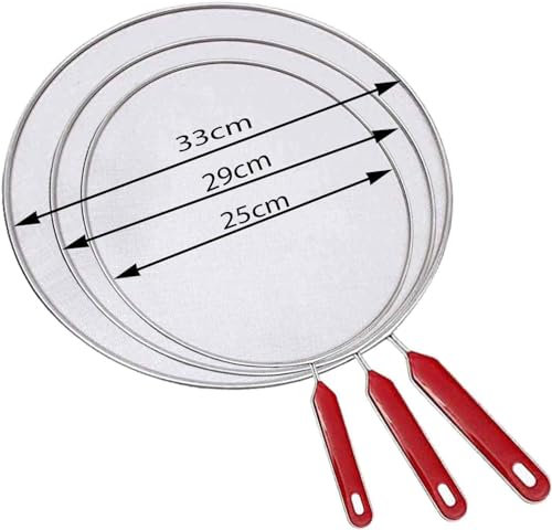 Splatter Screen for Frying Pan Grease Splatter Guard Set of 3 No Cooking Oil Mess No Burns Ultra Fine Mesh Lids – Rust Free Stainless Steel CLEAR RED HANDLE