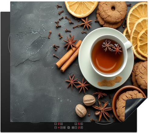 KitchenYeah© Coperchio Piano Cottura 60x52 cm Cucina Copri Fornelli Tappetino Induzione Antiscivolo Piastra Protezione Tè - Cannella - Calcestruzzo - Biscotti - Frutta