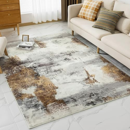 VK·LIVING Waschbar Teppich - Wohnzimmer Schlafzimmer Teppich 120X170CM Abstract Modern Carpet Gold Grau Mittlerer Stapel Anti-Rutsch Waschbarer Teppich