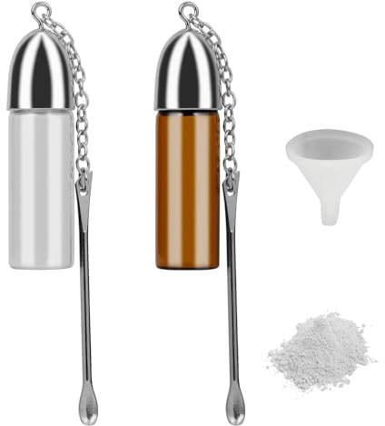XoeLLe 2 Pack Small Storage Bottle, Small Glass Snuff Bottles, Portable Spice Container, Small Glass Bottle 57mm, with Spoon and Small Funnel, Leak Proof for Outdoors Travel Camping