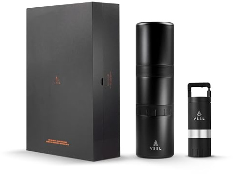 VSSL Java Manual Coffee Grinder Gift Set, 25 Gram Capacity, with Pour over Coffee Dripper, Two 10 oz Mugs, Lid, and Storage Connector, Black