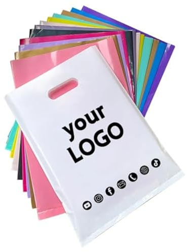jfs Einkaufstaschen mit individuellem Logo, mit Geschenktüten, wiederverwendbare Merchandise-Tragetasche, personalisierter Text, Logo, Plastikverpackungstaschen, Weiß, 30 x 40 cm, 100 Stück