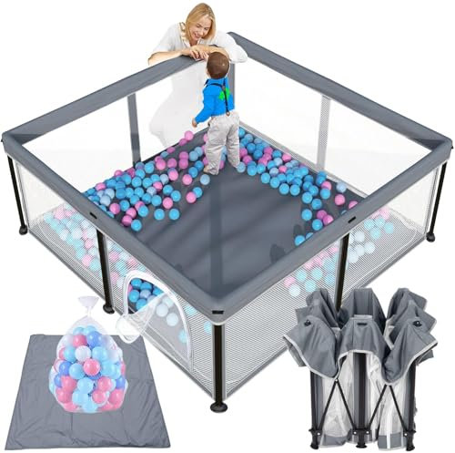Laufstall Baby mit Matratze,127 * 127 Laufgitter baby Faltbar,Indoor&Outdoor Baby Laufgitter,Laufstall Faltbar mit 50 Ozeanbällen