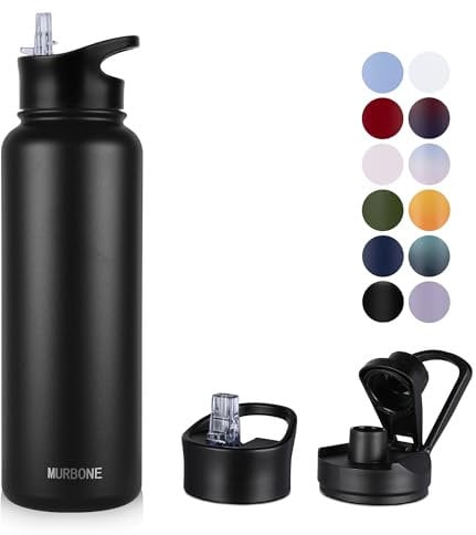 MURBONE Insulated Water Bottle, 1.2L Stainless Steel Drink Flask with Straw, BPA Free, 2 Lids (Straw Lid and Spout Lid), Leakproof Double Walled Vacuum Water Bottle, Black