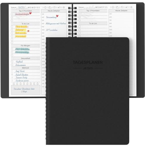 JAYSOO® Tagesplaner,undatierter Terminplaner mit 24 Stunden Zeitplan, To do list usw., 132 Seiten/66 Blatt 155x215mm Soft Cover Coil Tagesplanung für Arbeit, Lernen und Familienplan - Schwarz